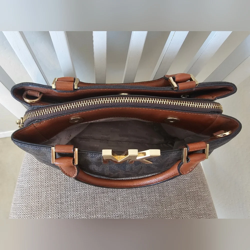 Michael Kors Black and Brown Satchel with Gold Accents